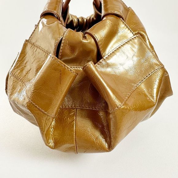LOEWE Aire Bronze Gold Metallic Patent Leather Bag Medium Top Handle Crinkled - Picture 9 of 15